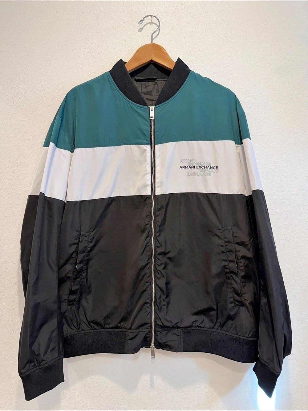 Armani Exchange Men’s Color-block Full Zip Jacket Teal Green White XXL